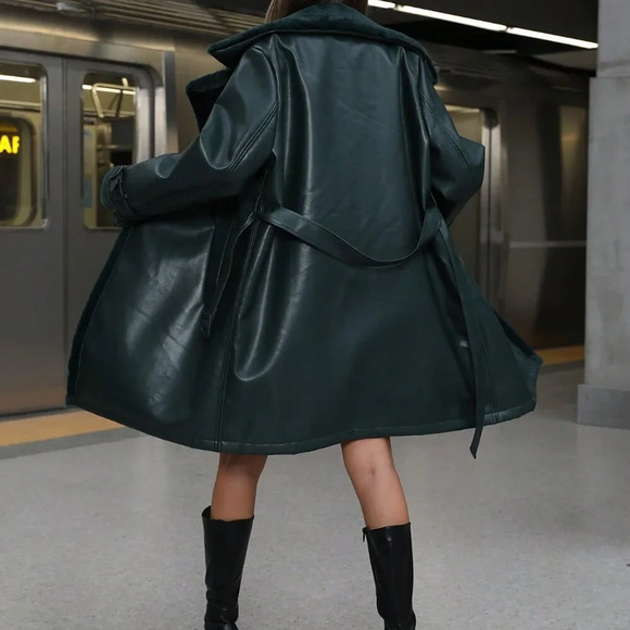 Dark Green Casual Women's Turndown Collar Long Faux Fur Coat - Picture 4 of 6